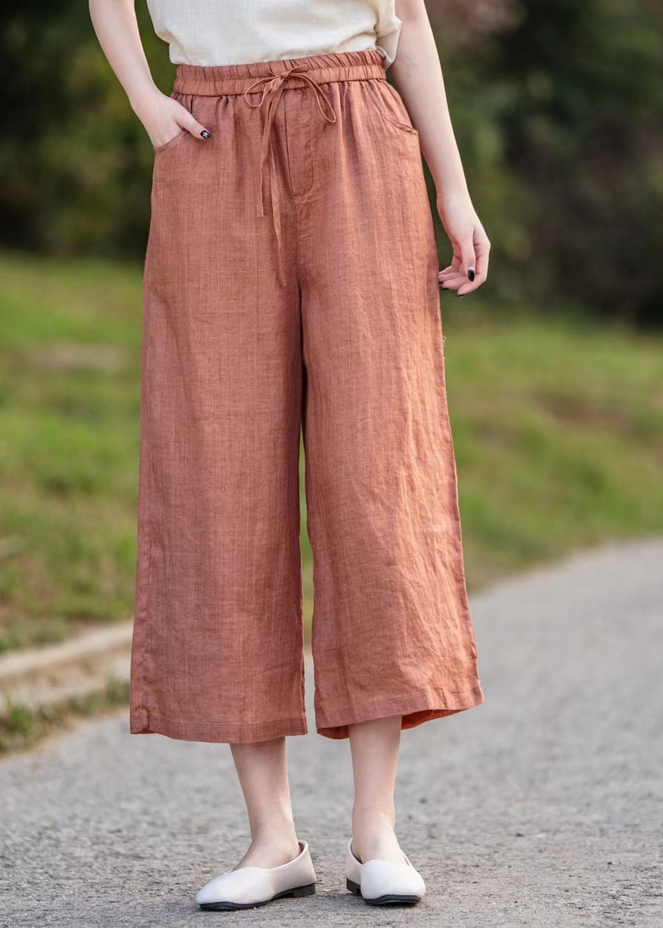 Elegant Orange Elastic Waist Linen Crop Pants Summer