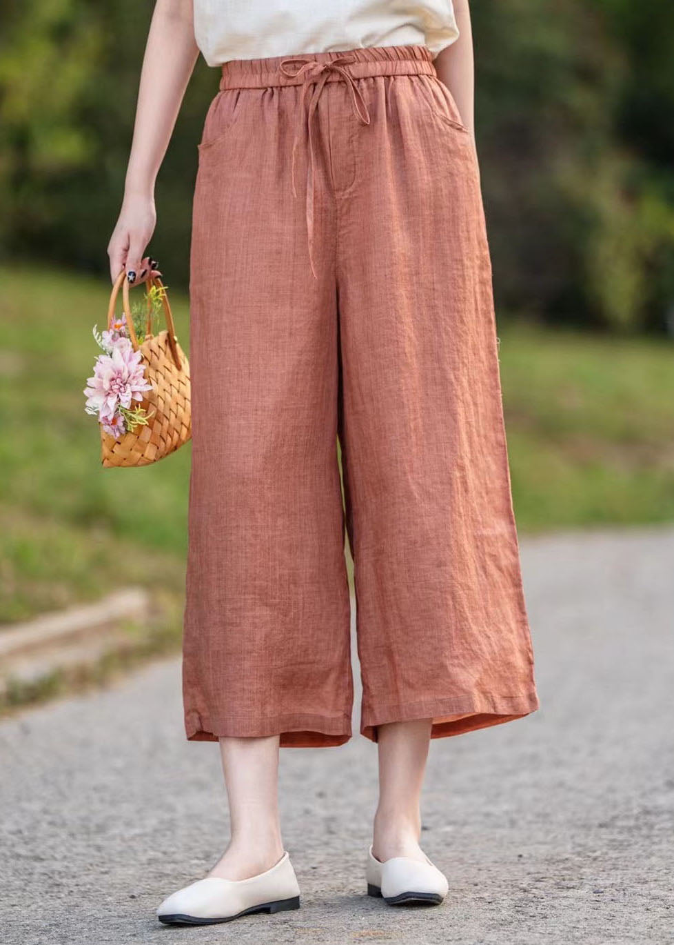 Elegant Orange Elastic Waist Linen Crop Pants Summer
