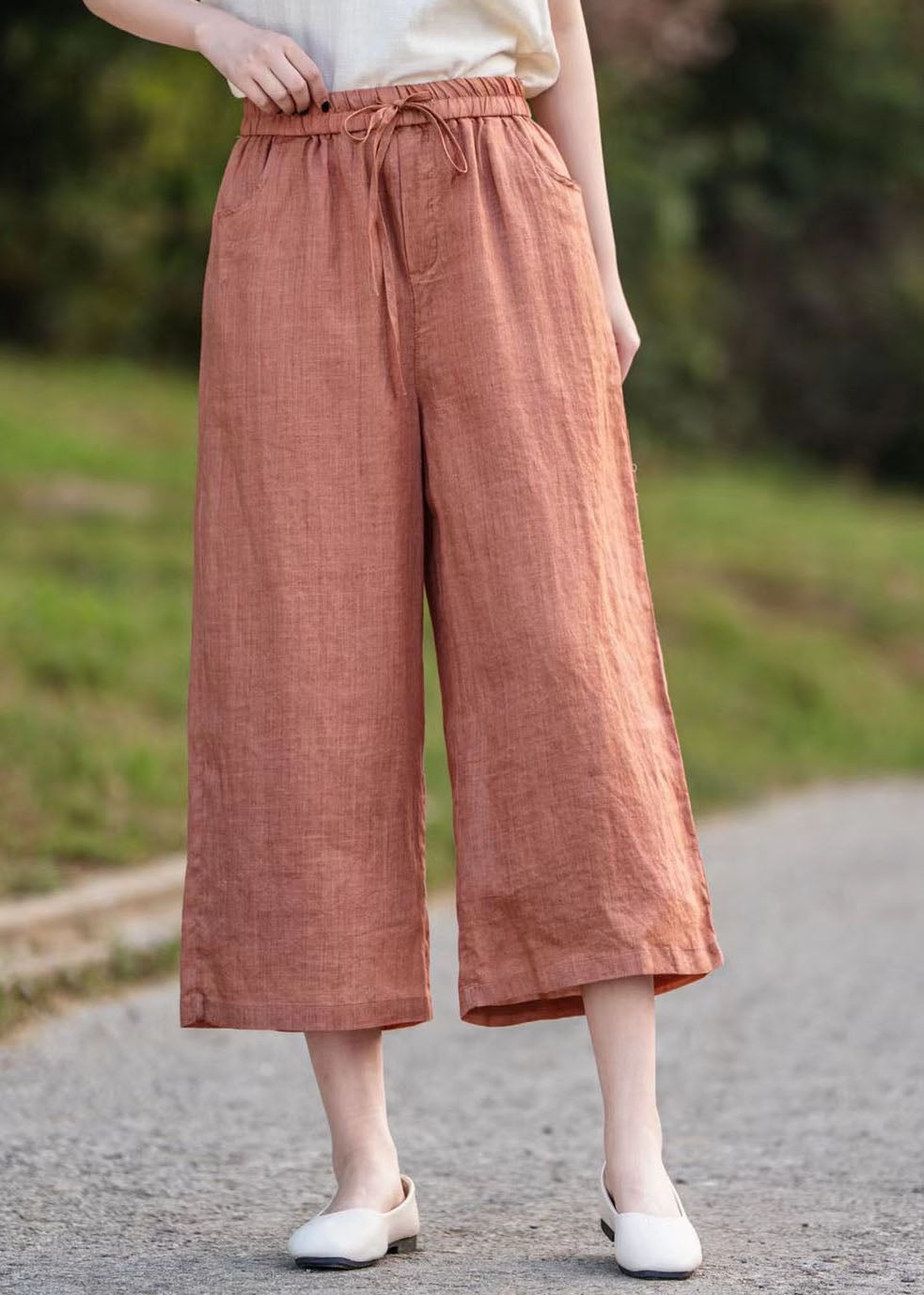 Elegant Orange Elastic Waist Linen Crop Pants Summer