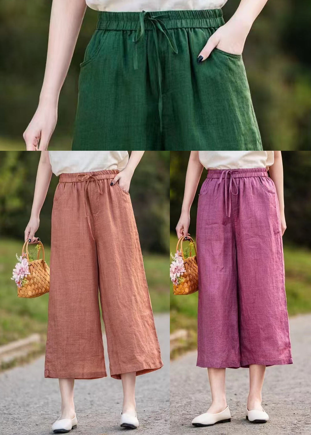 Elegant Orange Elastic Waist Linen Crop Pants Summer