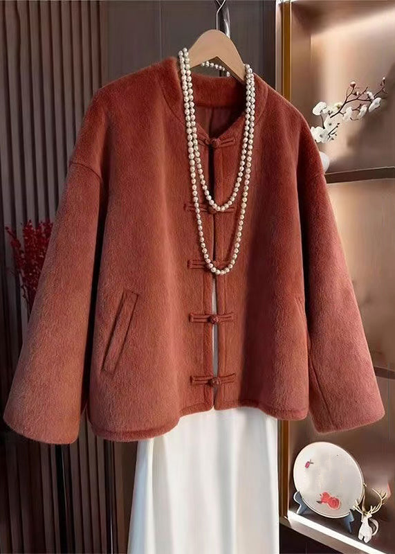 Elegant Orange O-Neck Button Pockets Woolen Coats Winter