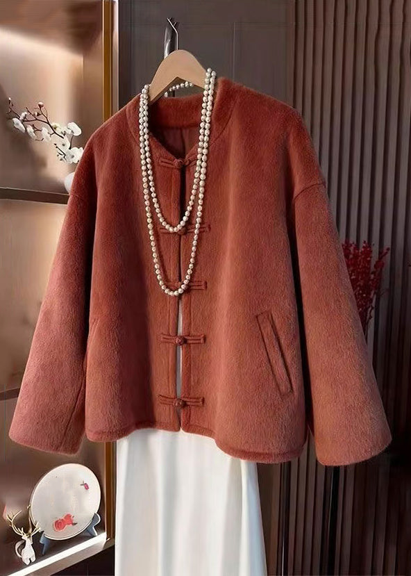 Elegant Orange O-Neck Button Pockets Woolen Coats Winter