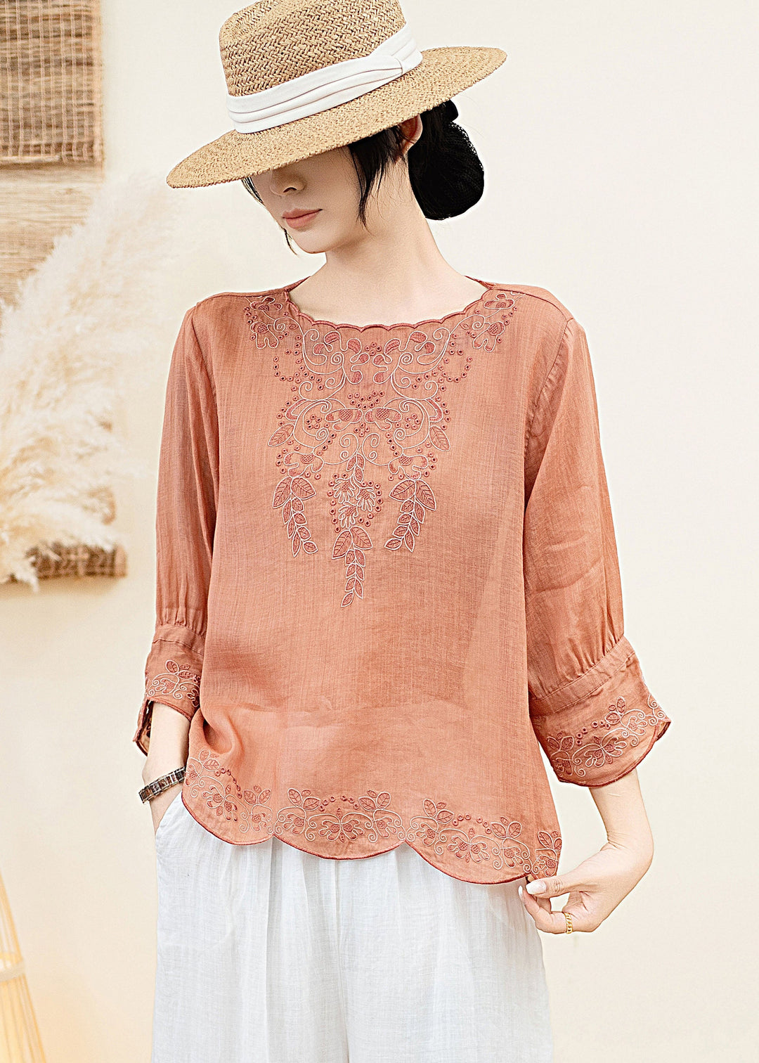 Elegant Orange O Neck Embroidered Linen Blouse Tops Summer