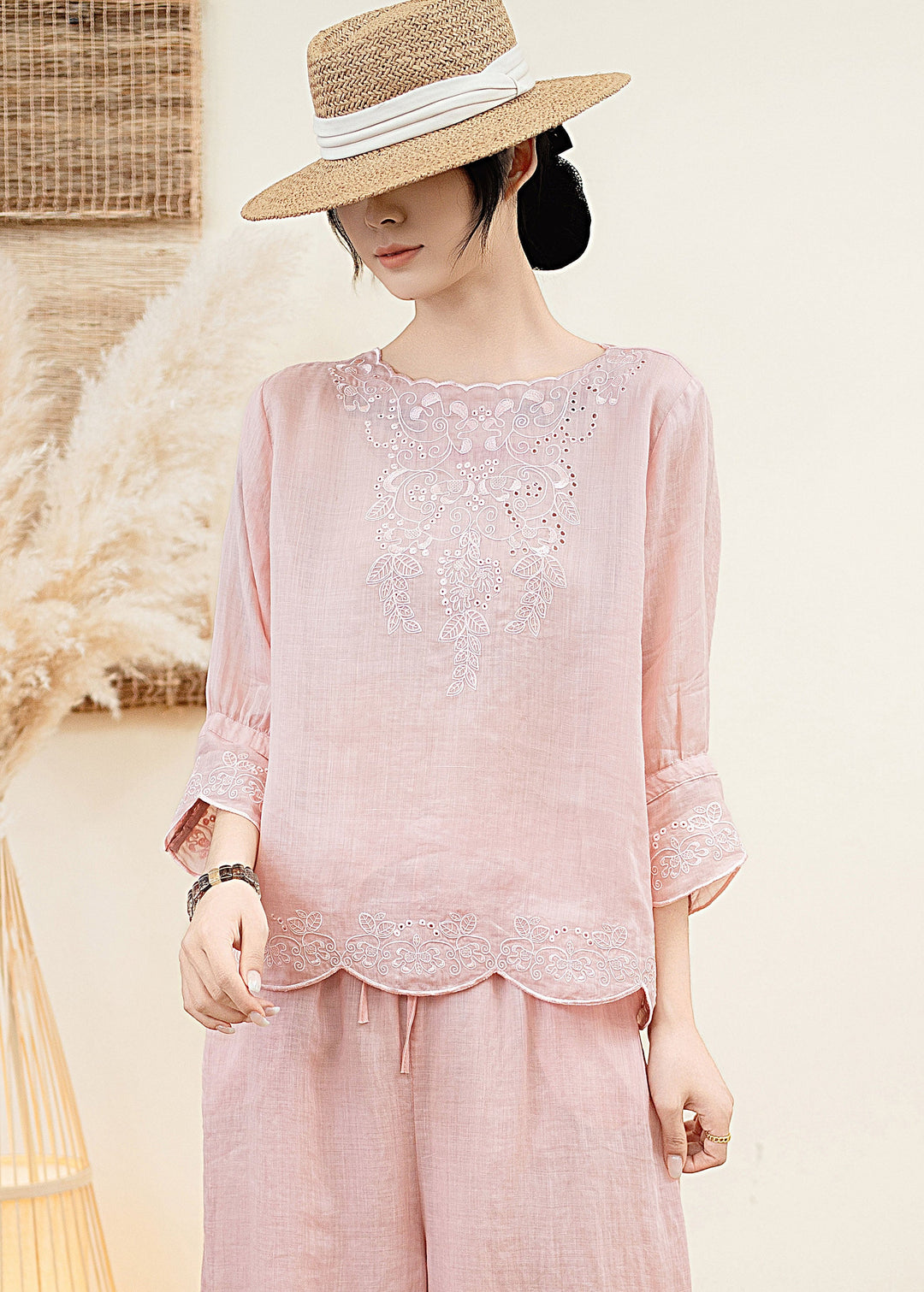Elegant Orange O Neck Embroidered Linen Blouse Tops Summer