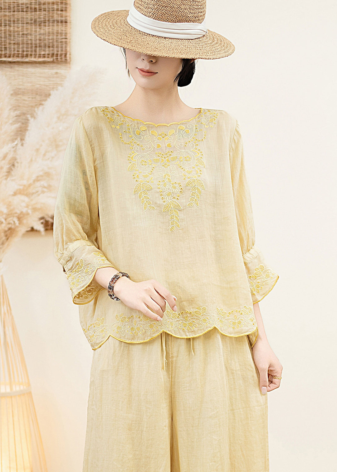 Elegant Orange O Neck Embroidered Linen Blouse Tops Summer