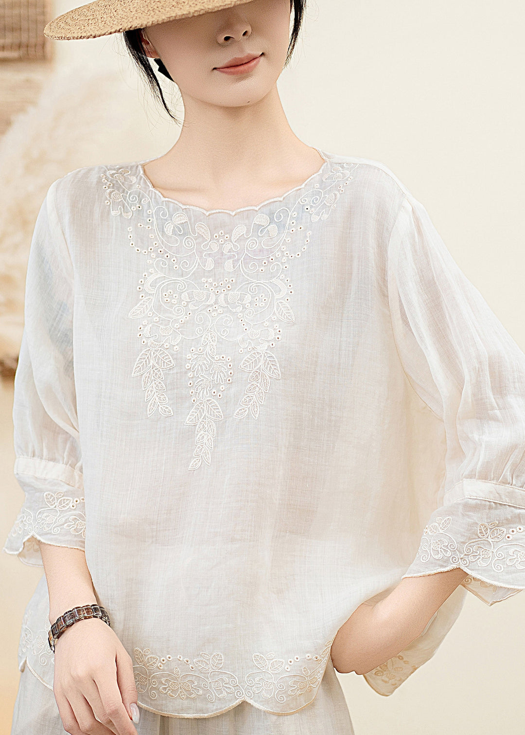 Elegant Orange O Neck Embroidered Linen Blouse Tops Summer