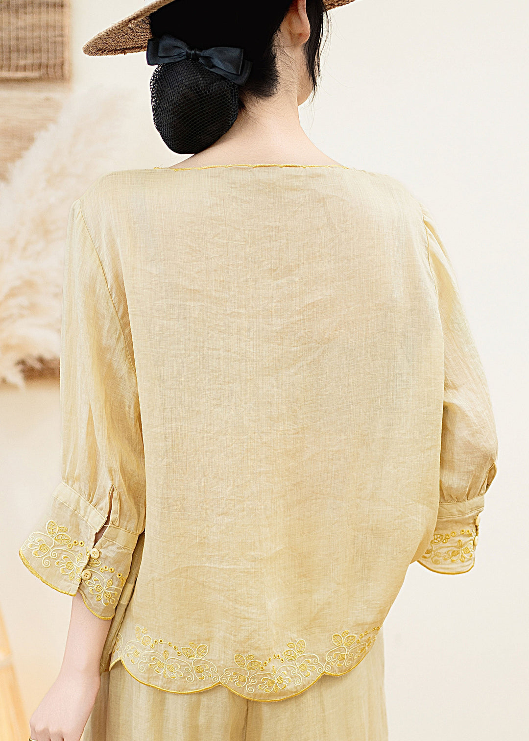 Elegant Orange O Neck Embroidered Linen Blouse Tops Summer