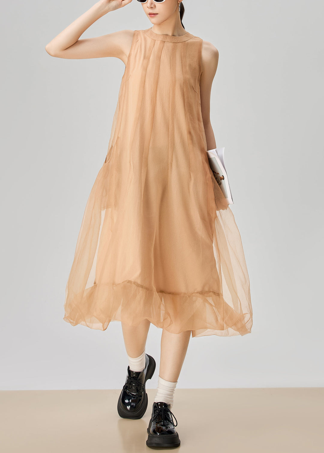 Elegant Orange O Neck Zippered Pockets Tulle Long Dress Sleeveless