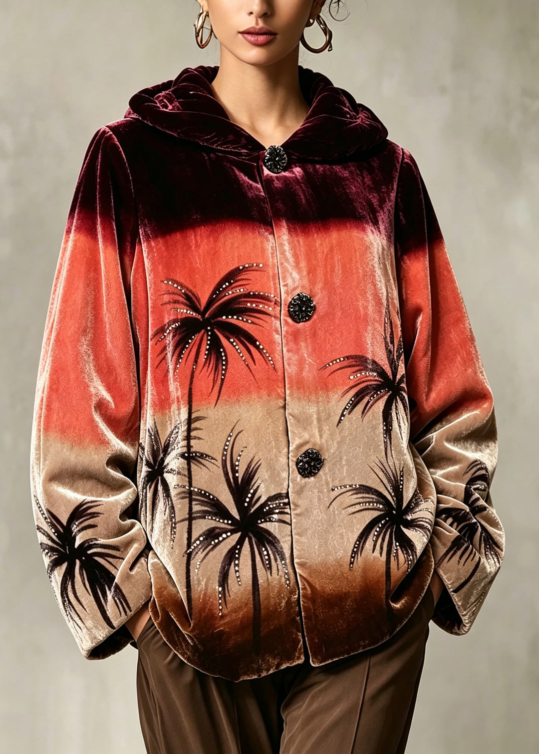 Elegant Orange Peter Pan Collar Print Button Down Jackets Winter