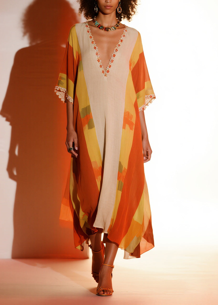 Elegant Orange Ruffled Print Chiffon Holiday Dress Summer