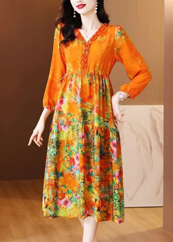 Elegant Orange Ruffled Print Patchwork Silk Long Dress Spring