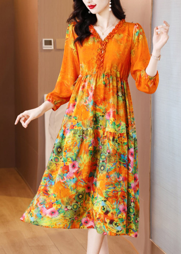 Elegant Orange Ruffled Print Patchwork Silk Long Dress Spring