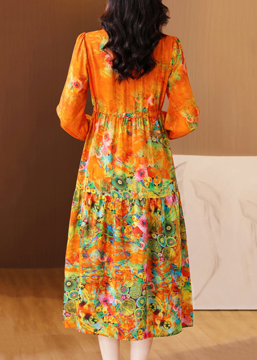 Elegant Orange Ruffled Print Patchwork Silk Long Dress Spring