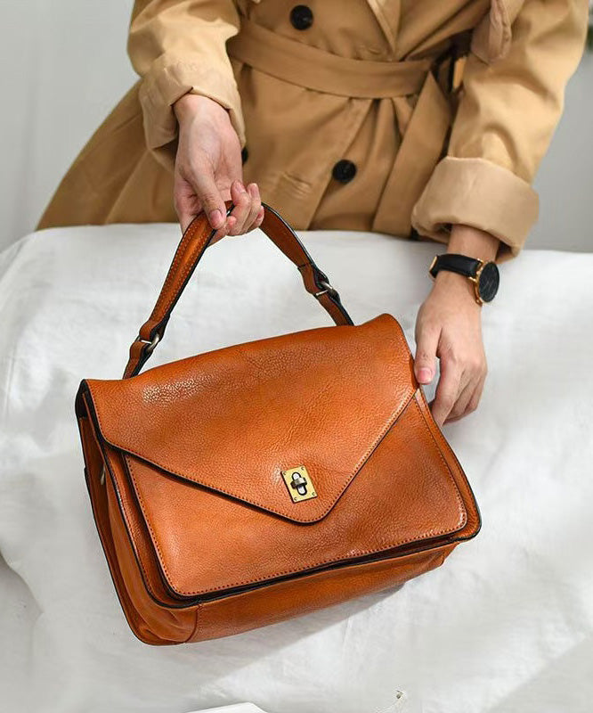 Elegant Orange Solid Durable Leather Tote Handbag