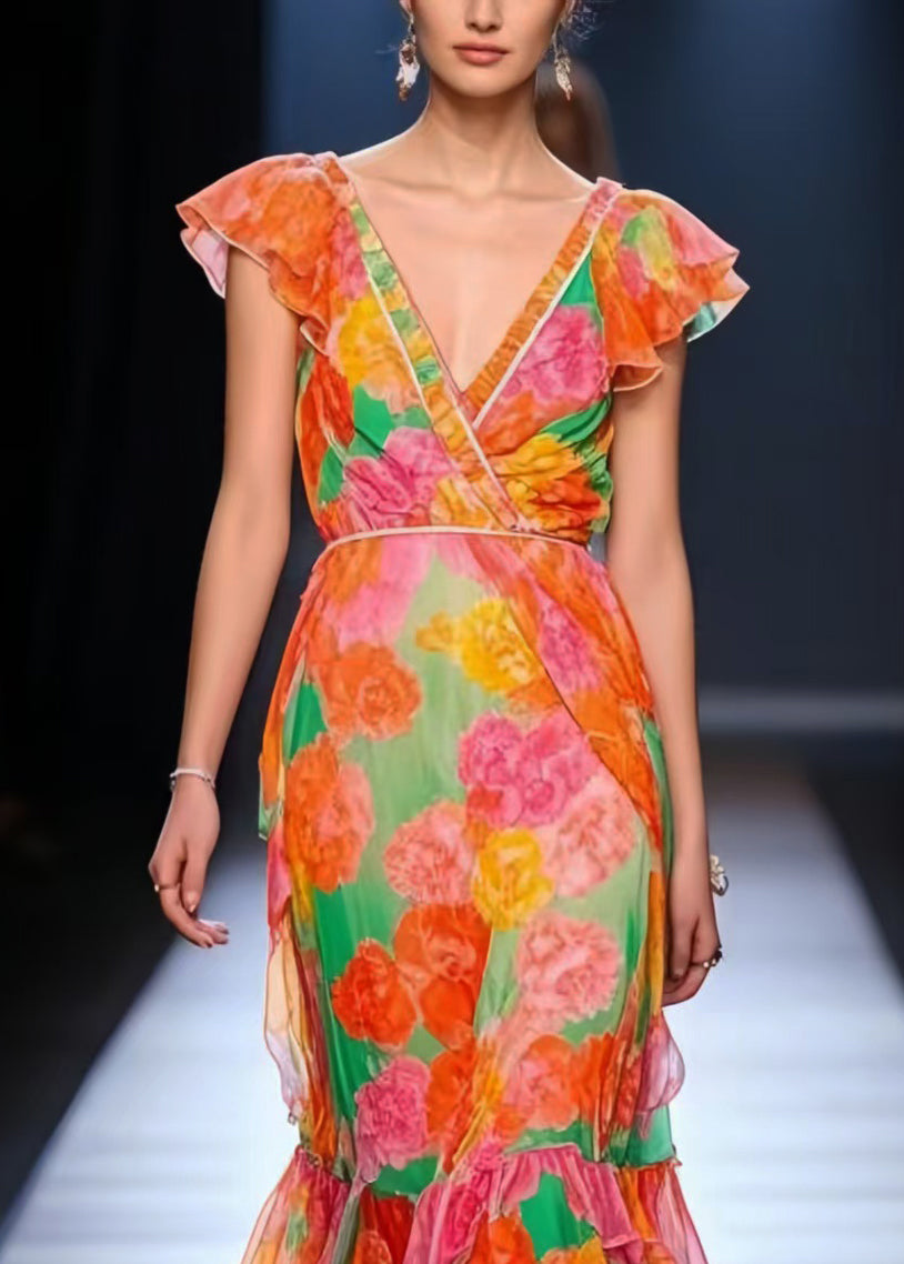 Elegant Orange V Neck Floral Chiffon Maxi Dress Summer