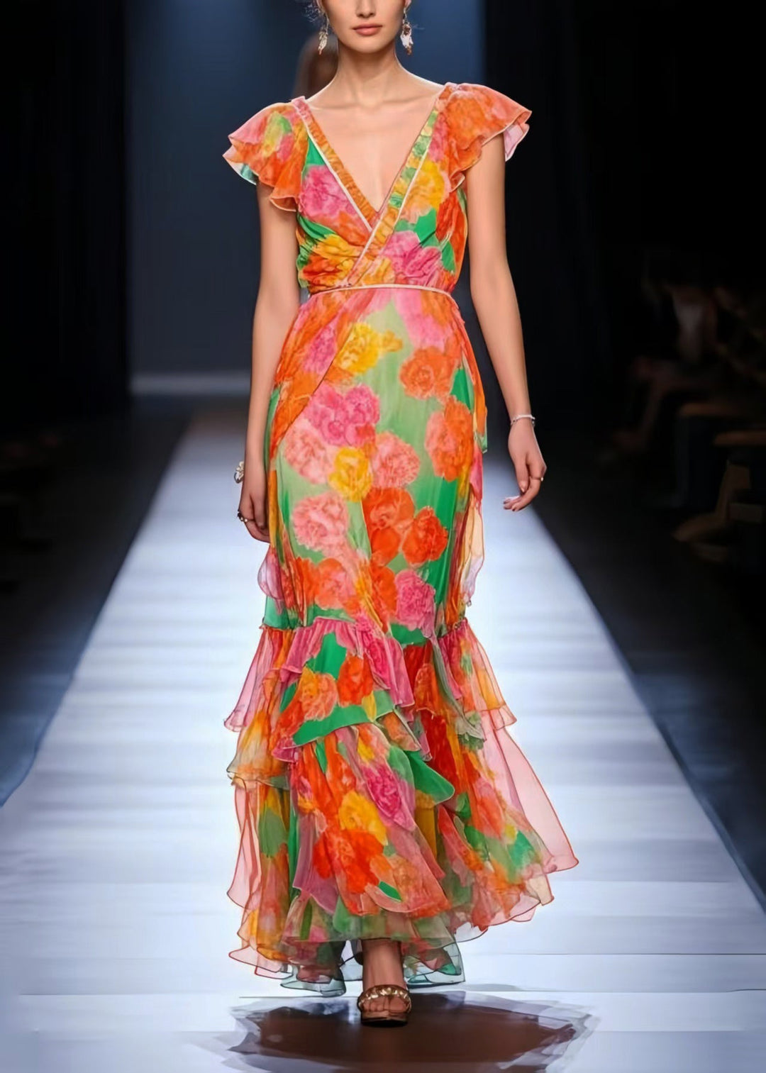 Elegant Orange V Neck Floral Chiffon Maxi Dress Summer