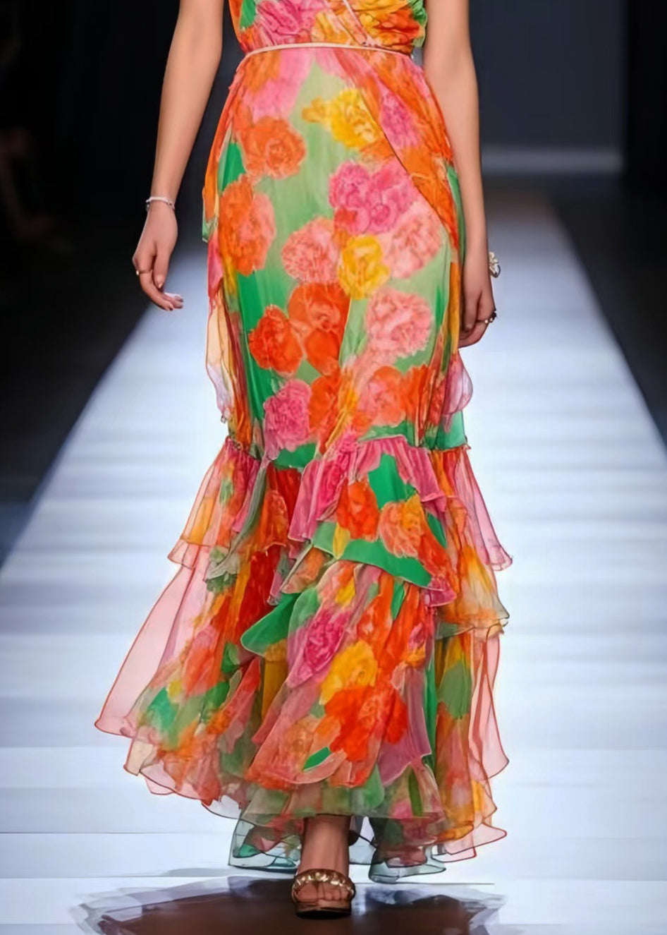 Elegant Orange V Neck Floral Chiffon Maxi Dress Summer