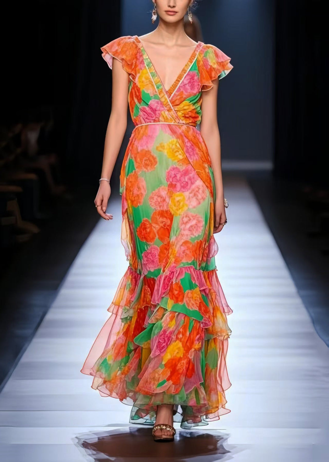 Elegant Orange V Neck Floral Chiffon Maxi Dress Summer