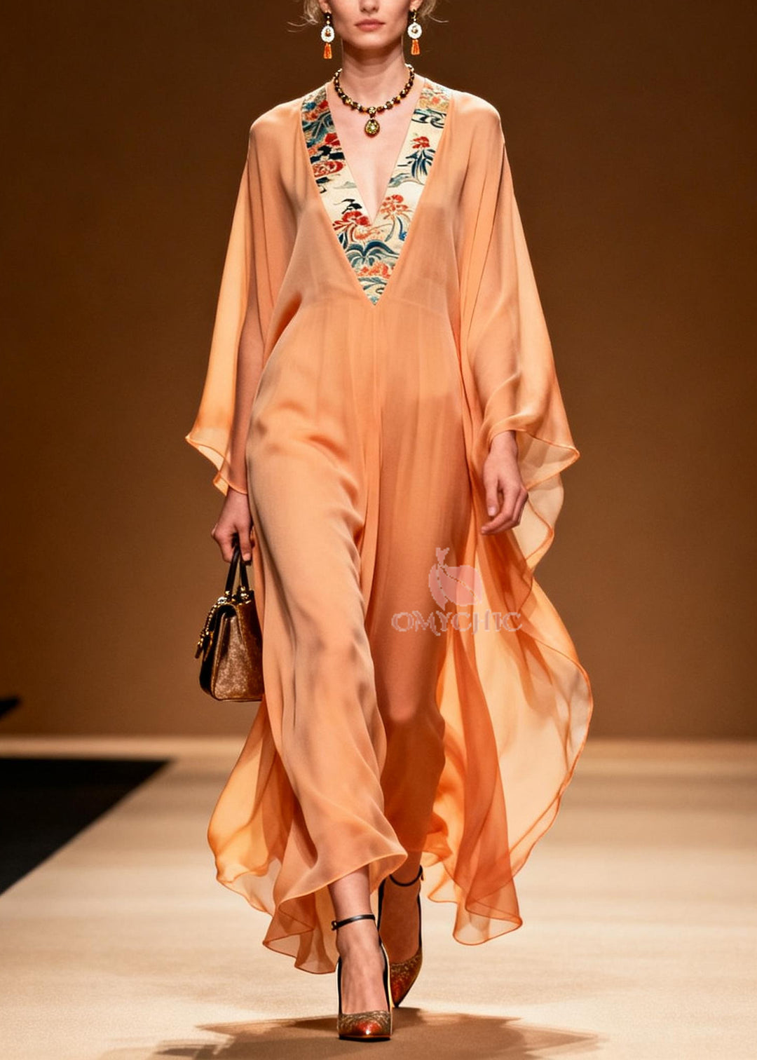 Elegant Orange V Neck Patchwork Chiffon Long Dress Summer