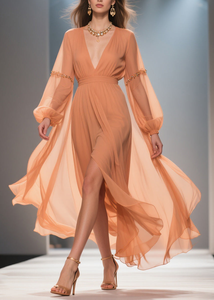Elegant Orange Wrinkled Side Open Chiffon Long Dresses Spring