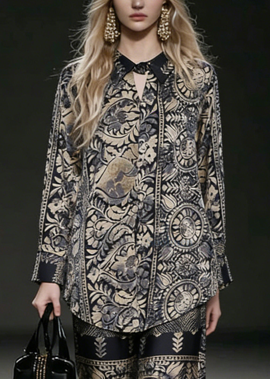 Elegant Oversized Low High Design Print Silk Two Pieces Set Spring