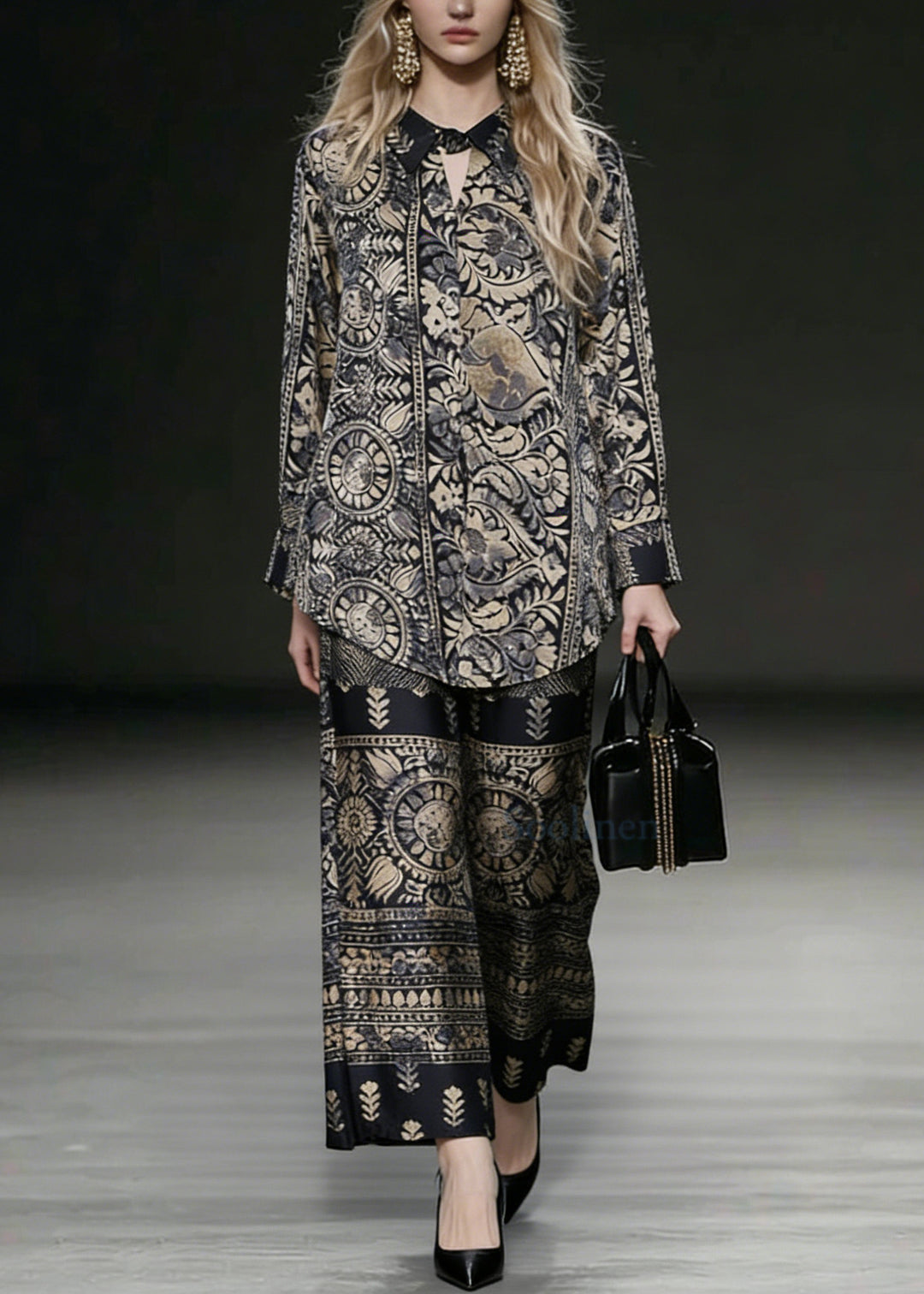 Elegant Oversized Low High Design Print Silk Two Pieces Set Spring