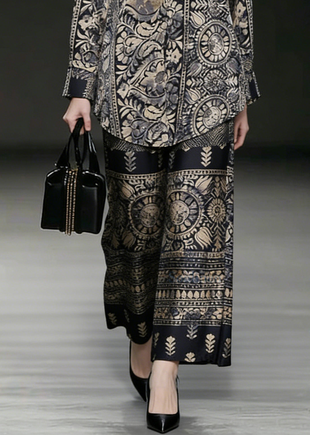 Elegant Oversized Low High Design Print Silk Two Pieces Set Spring