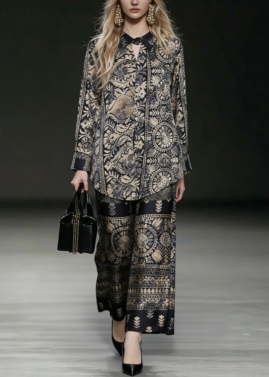 Elegant Oversized Low High Design Print Silk Two Pieces Set Spring