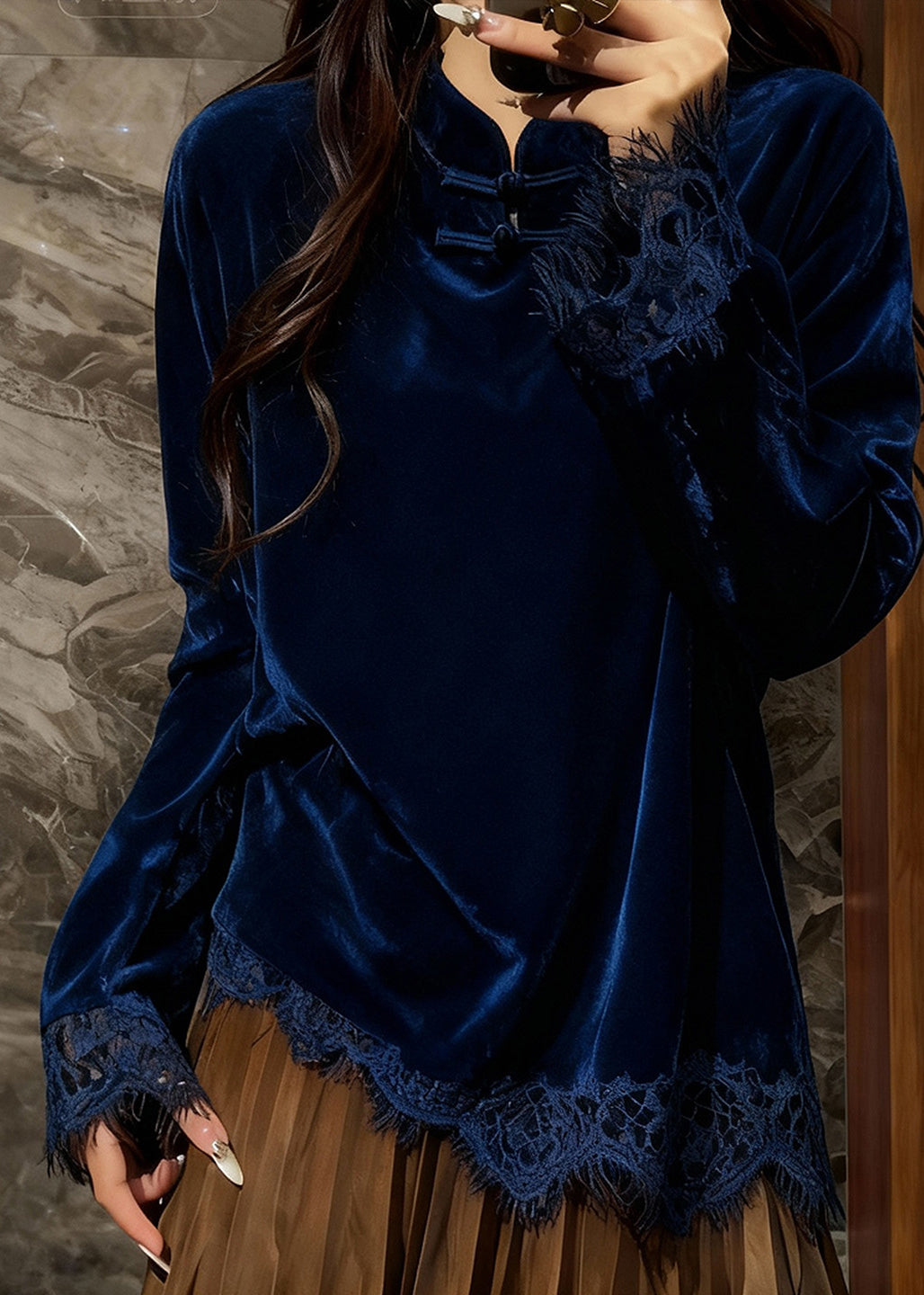 Elegant Peacock Blue Mandarin Collar Patchwork Lace Silk Velour Top Spring