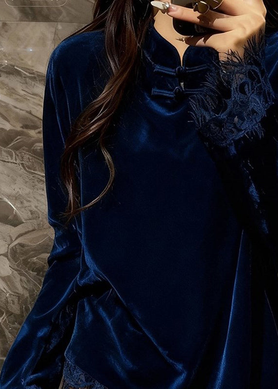Elegant Peacock Blue Mandarin Collar Patchwork Lace Silk Velour Top Spring