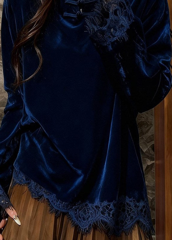 Elegant Peacock Blue Mandarin Collar Patchwork Lace Silk Velour Top Spring