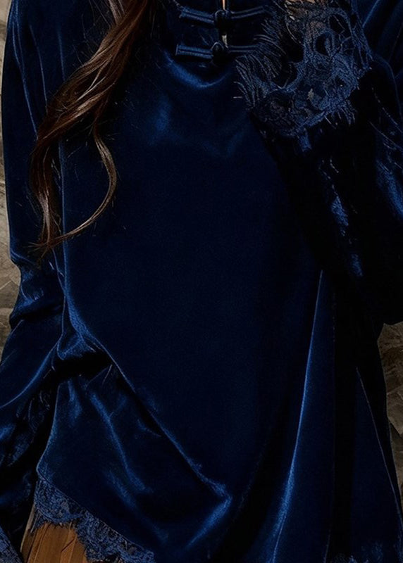 Elegant Peacock Blue Mandarin Collar Patchwork Lace Silk Velour Top Spring