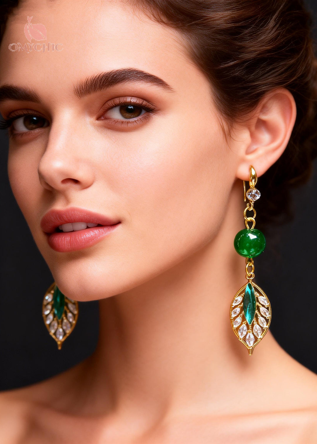 Elegant Peacock Green Leaf Zircon Drop Earrings