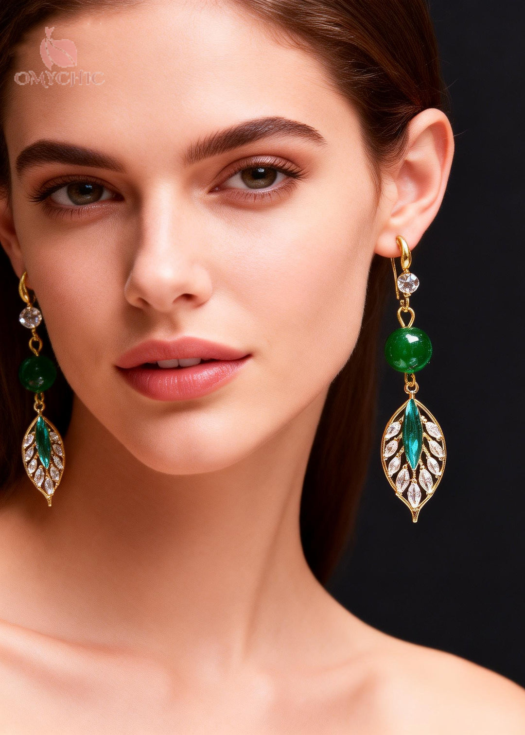Elegant Peacock Green Leaf Zircon Drop Earrings