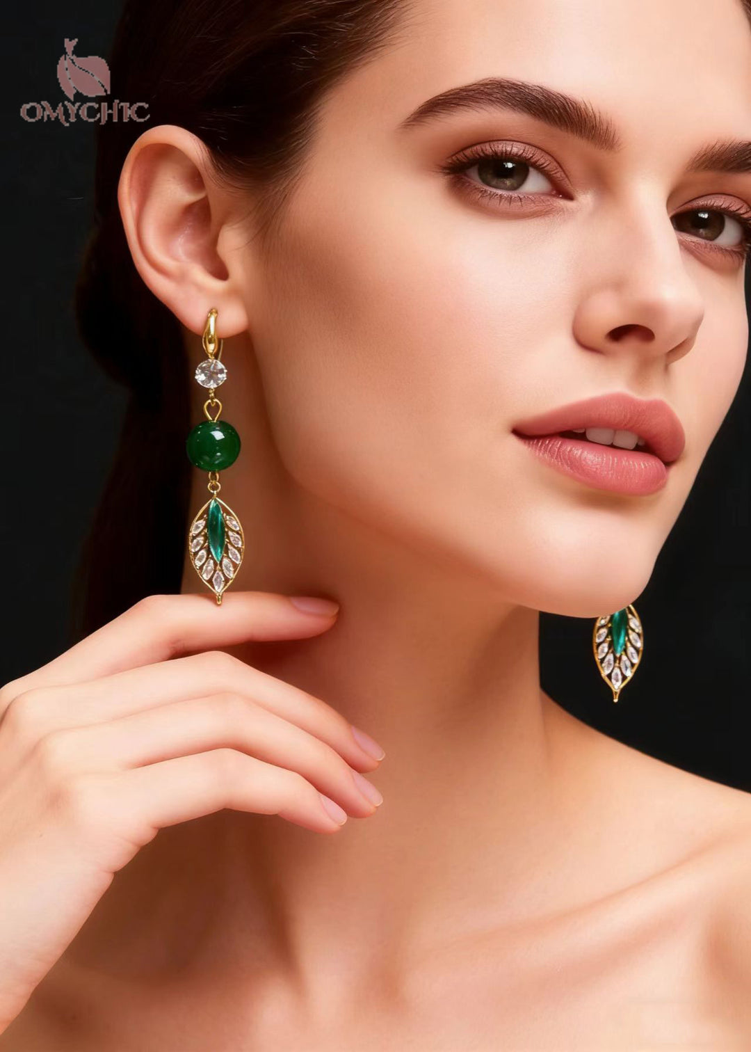 Elegant Peacock Green Leaf Zircon Drop Earrings