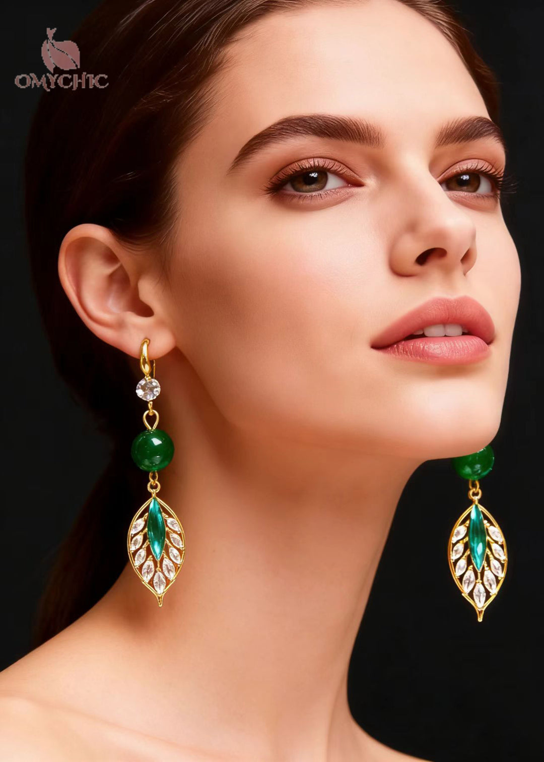 Elegant Peacock Green Leaf Zircon Drop Earrings