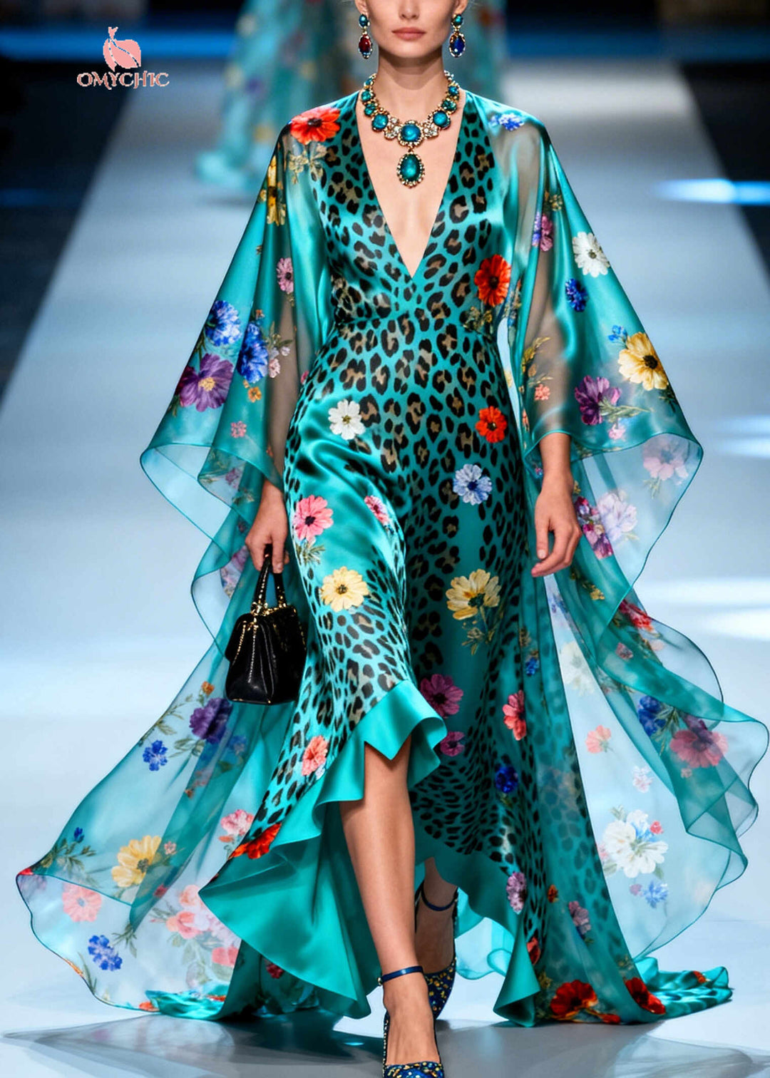 Elegant Peacock Green Print Exra Large Hem Silk Holiday Dress Summer