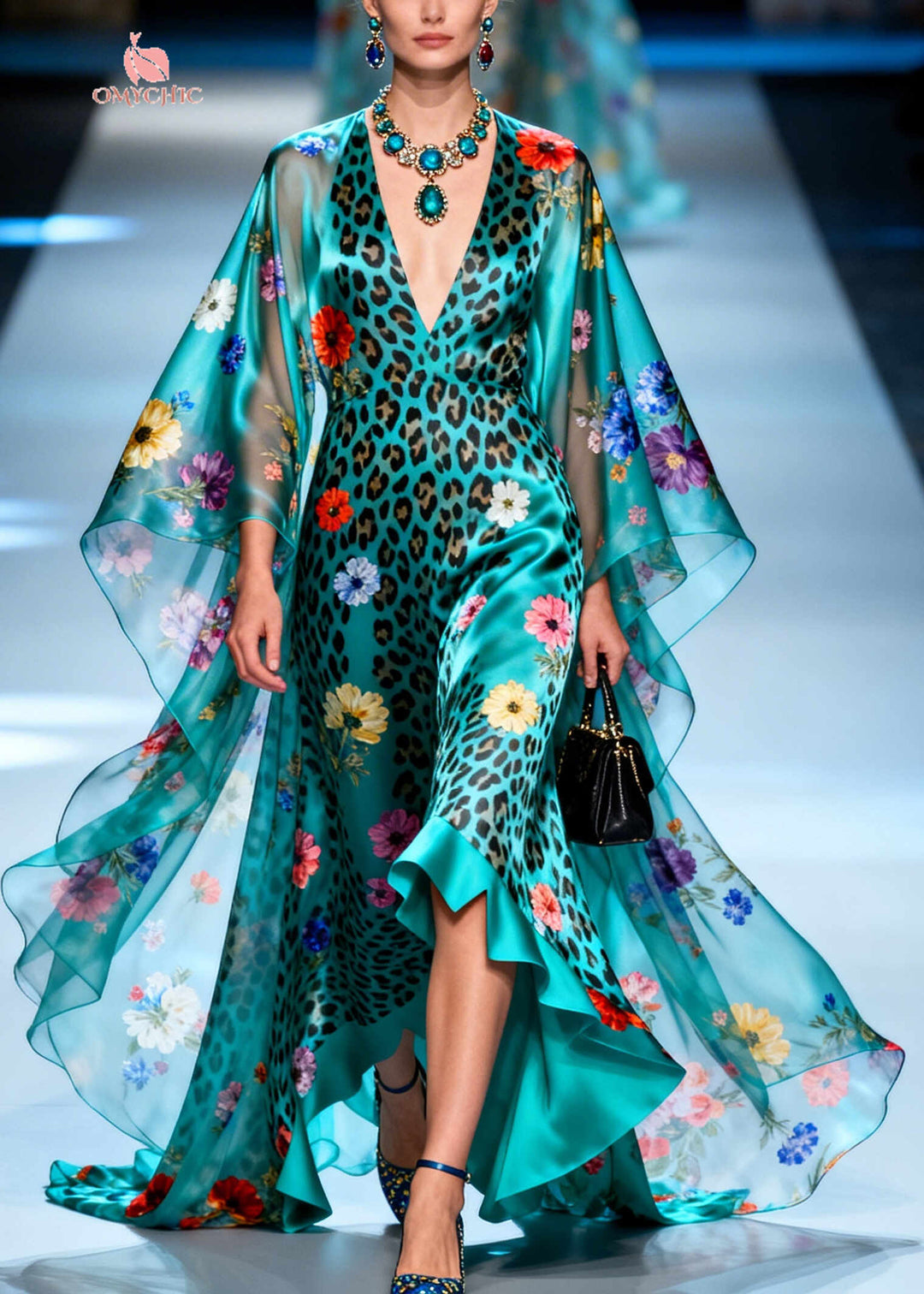 Elegant Peacock Green Print Exra Large Hem Silk Holiday Dress Summer