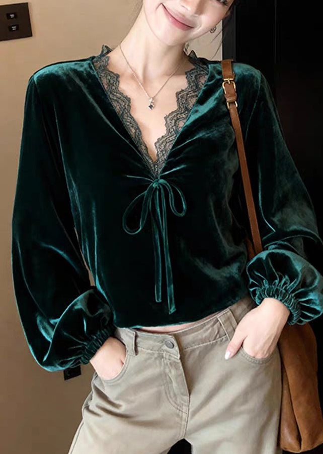 Elegant Peacock Green V Neck Lace Patchwork Silk Velvet Shirt Lantern Sleeve