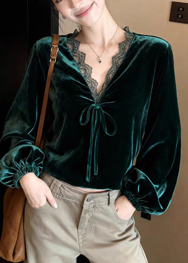 Elegant Peacock Green V Neck Lace Patchwork Silk Velvet Shirt Lantern Sleeve