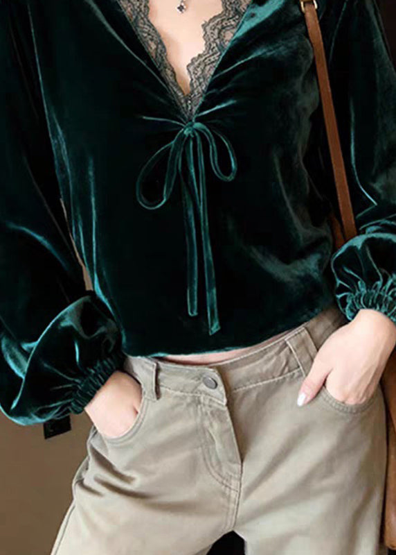 Elegant Peacock Green V Neck Lace Patchwork Silk Velvet Shirt Lantern Sleeve