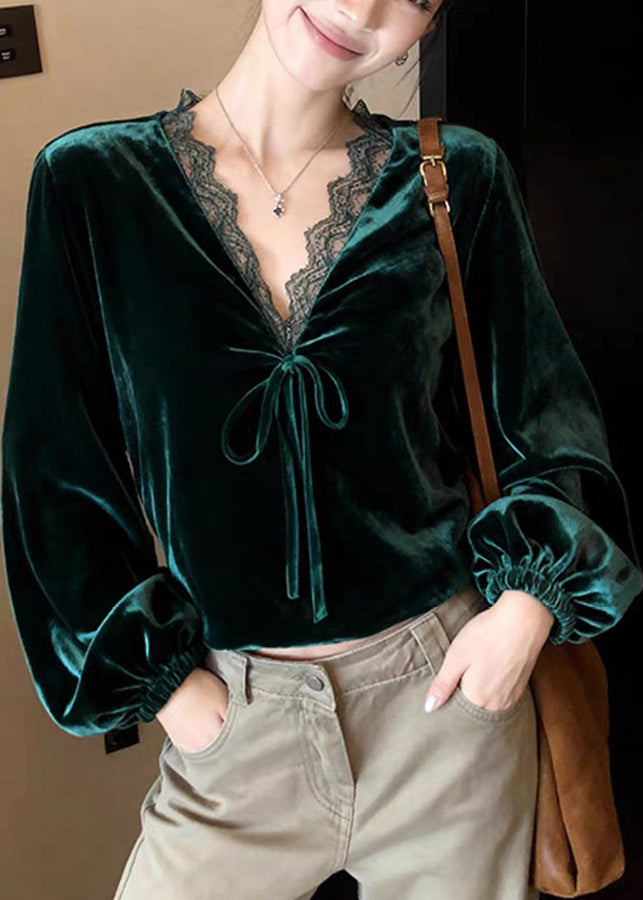 Elegant Peacock Green V Neck Lace Patchwork Silk Velvet Shirt Lantern Sleeve