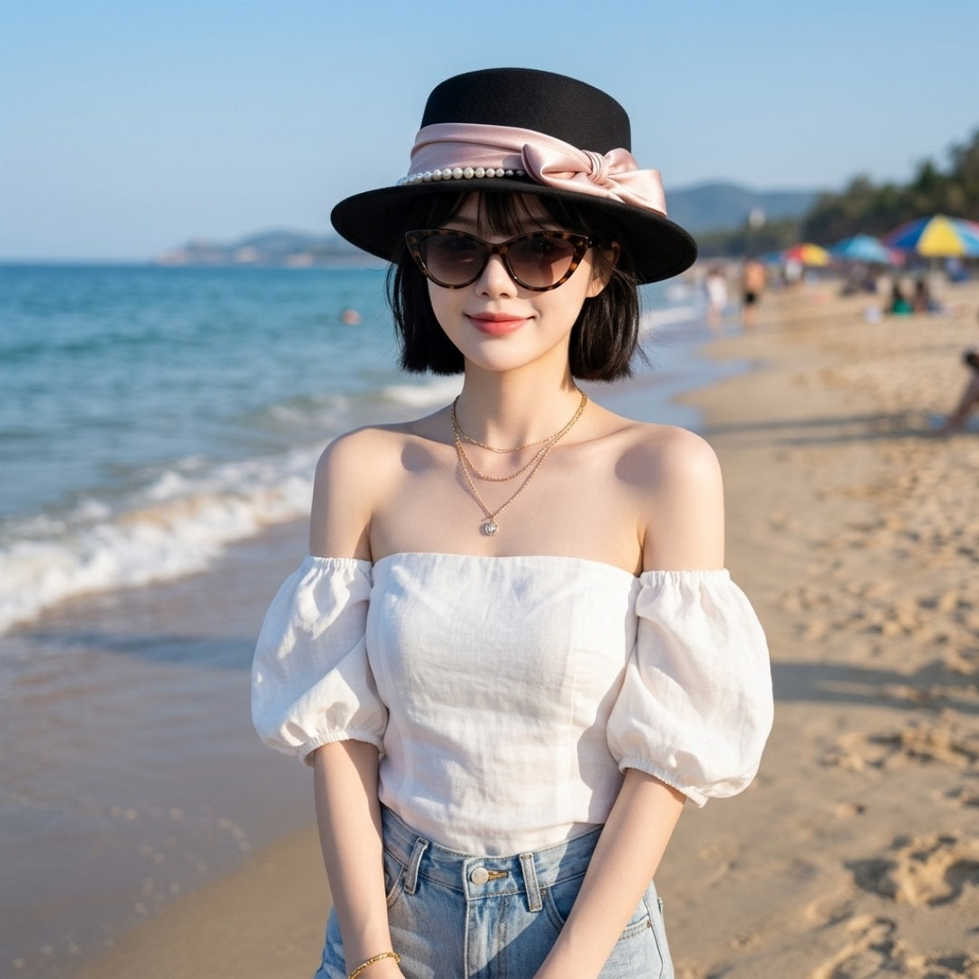 Elegant Pearl Pink Ribbon Bow Fashion Cloche Hat