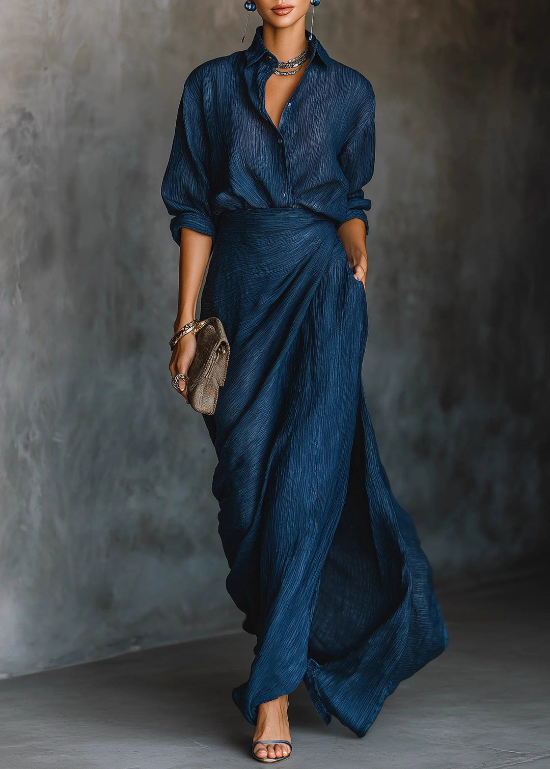 Elegant Peter Pan Collar Asymmetrical Design Wrinkled Dress