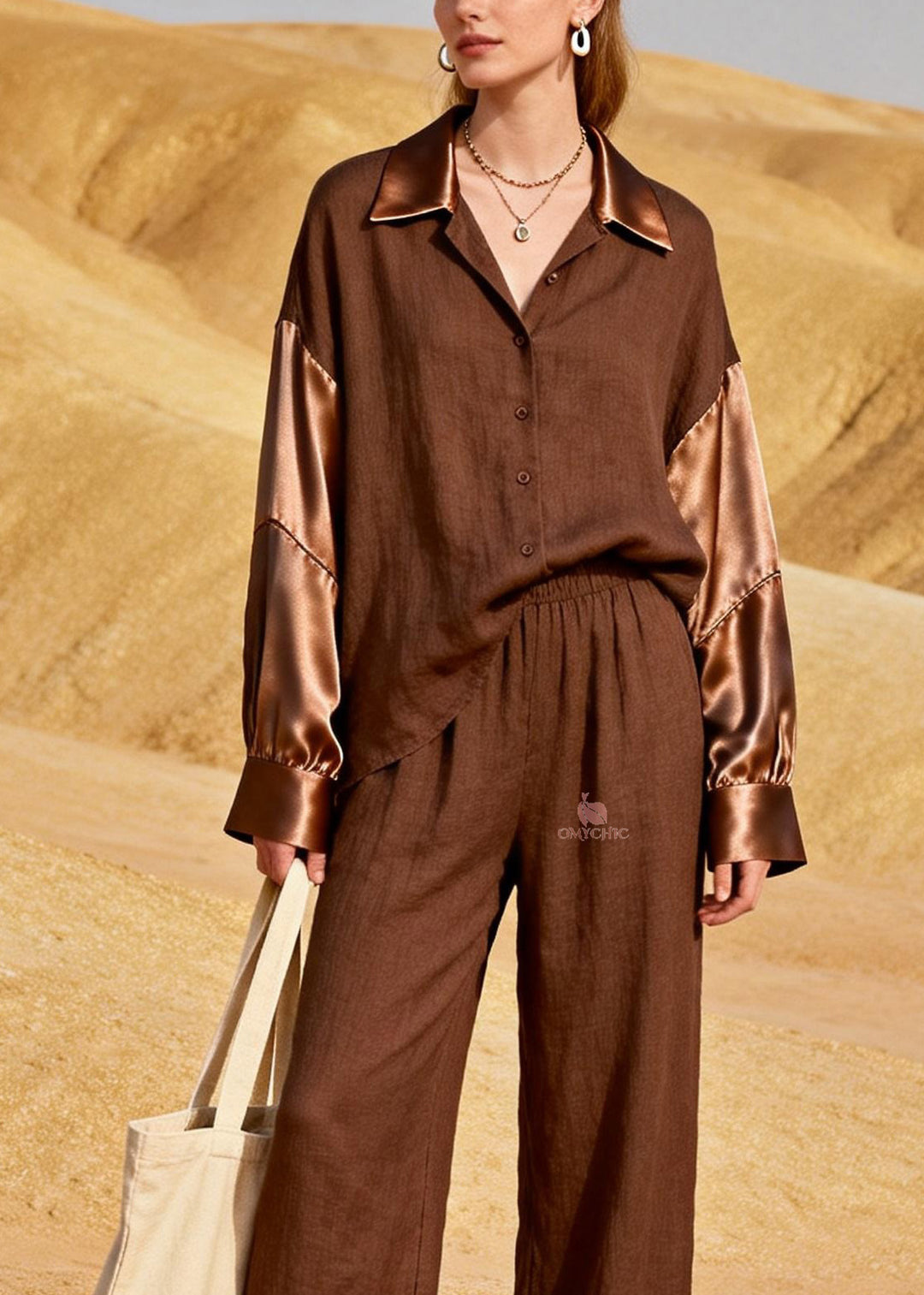 Elegant Peter Pan Collar Patchwork Linen Silk Women Sets 2 Pieces Spring