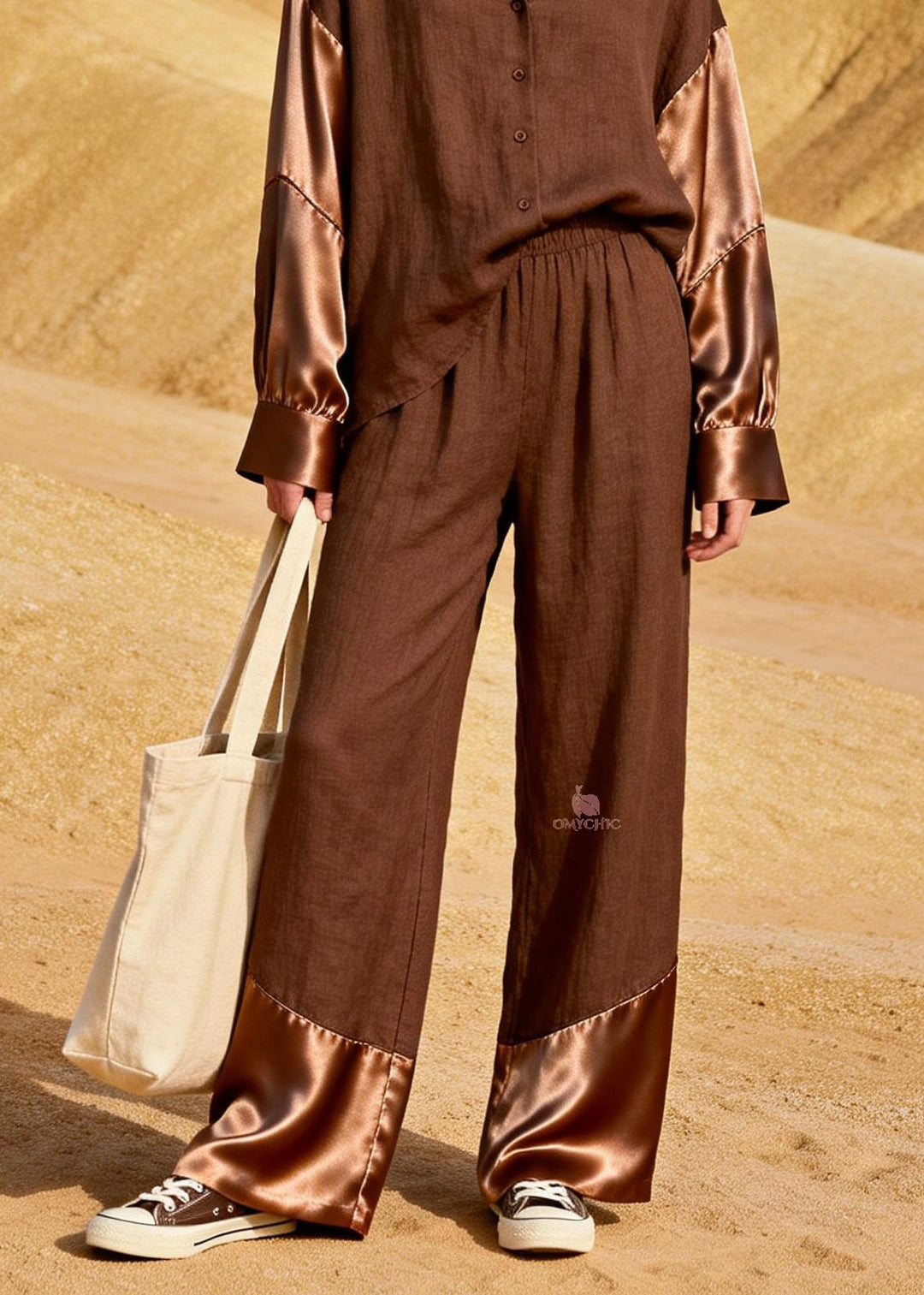 Elegant Peter Pan Collar Patchwork Linen Silk Women Sets 2 Pieces Spring