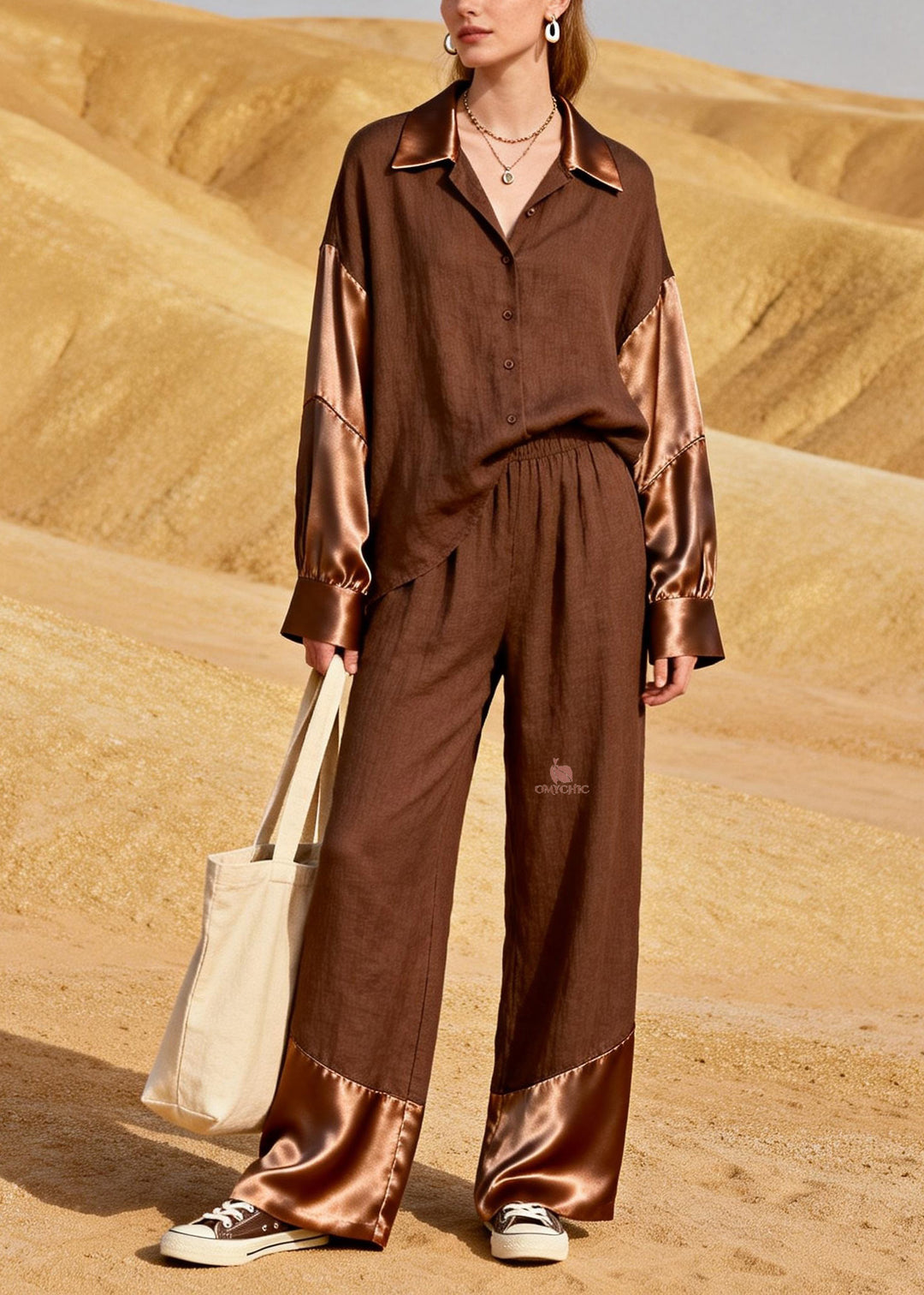 Elegant Peter Pan Collar Patchwork Linen Silk Women Sets 2 Pieces Spring