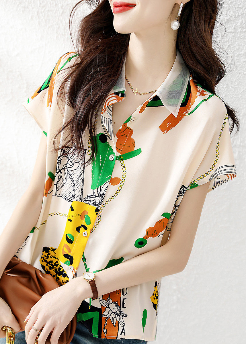 Elegant Peter Pan Collar Print Chiffon Shirt Short Sleeve