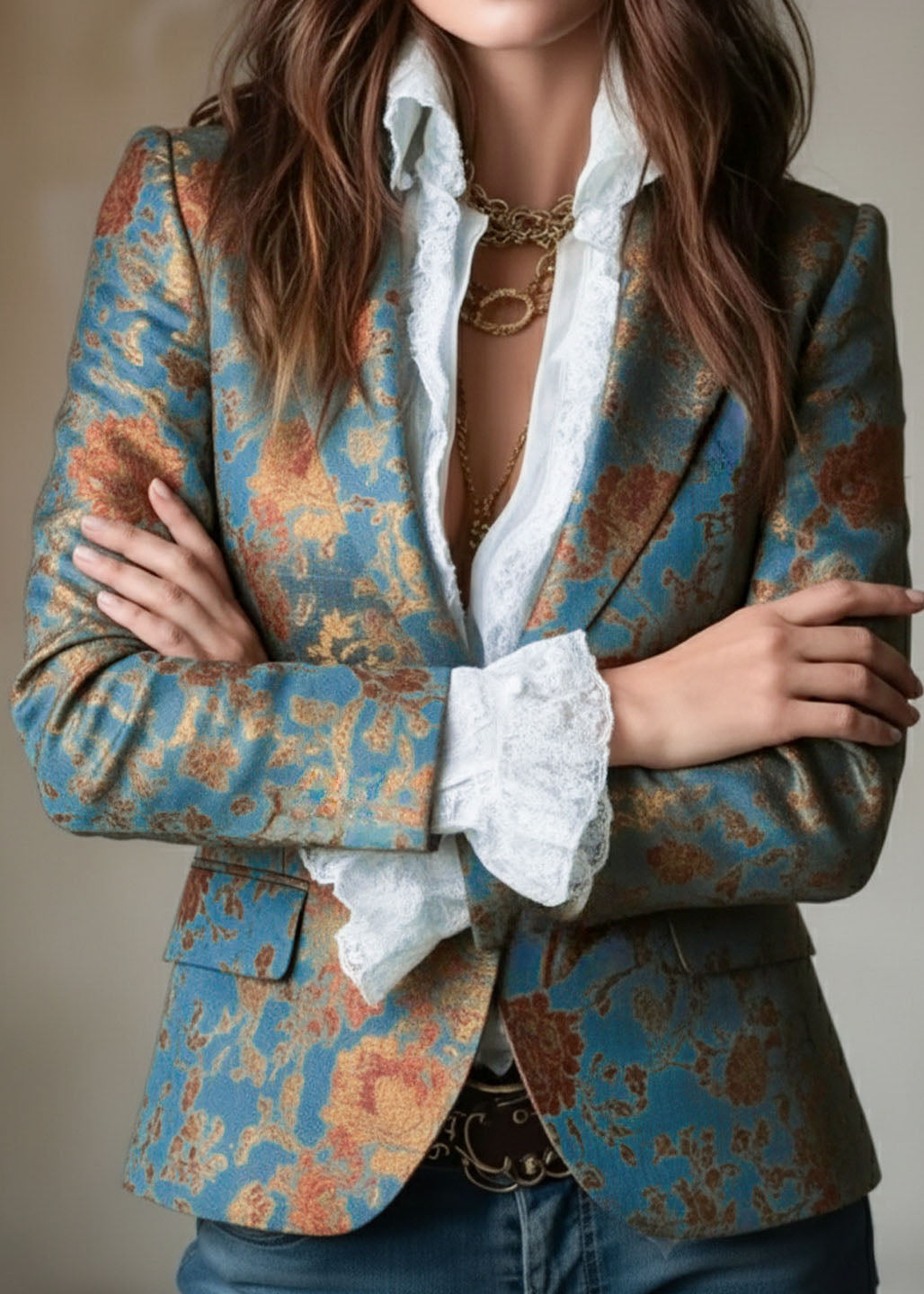 Elegant Peter Pan Collar Print Cotton Suit Coats Fall