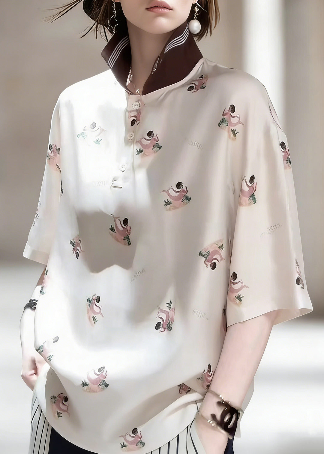 Elegant Peter Pan Collar Print Patchwork Silk Shirts Half Sleeve